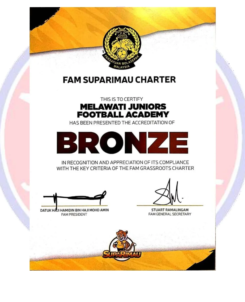 FAM SupaRimau Charter certifying Melawati Juniors Football Academy with Bronze accreditation