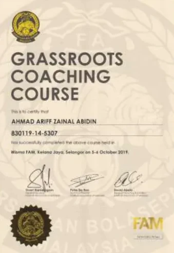 FAM Grassroots Coaching Course certificate held by an MJFA coach