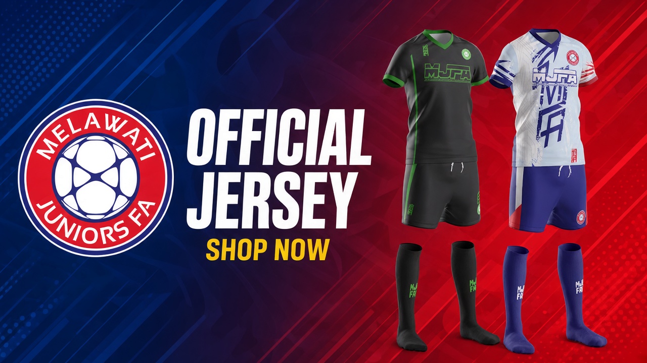 Official MJFA jersey: Black & Green training kit and White & Blue match kit with matching shorts and socks